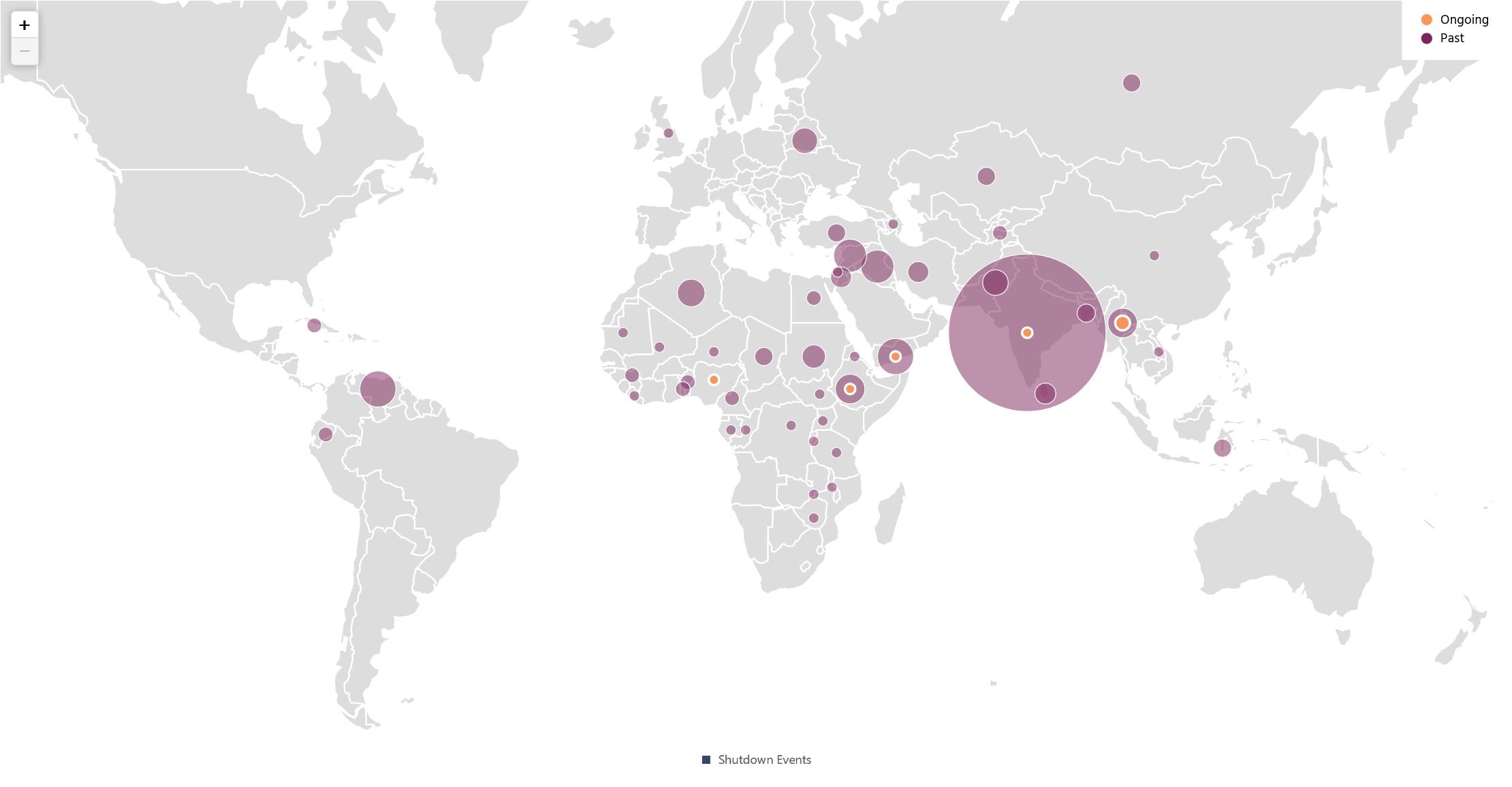 Internet shutdowns by country as of September 2021 