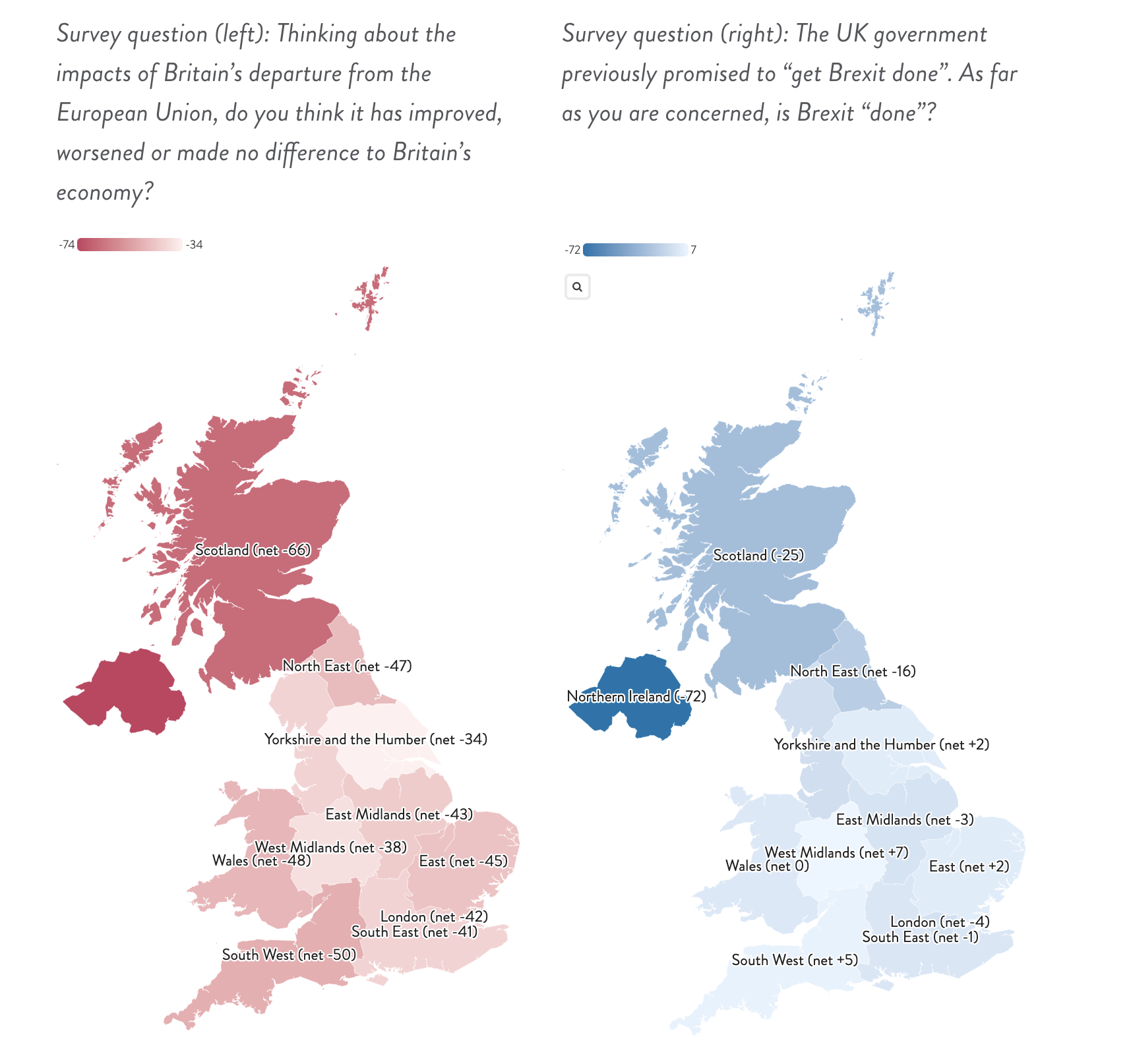 Figure 7 – There are significant differences across the UK’s regions both in terms of the impacts of Brexit (left) and perception of whether Brexit is “done” (right)