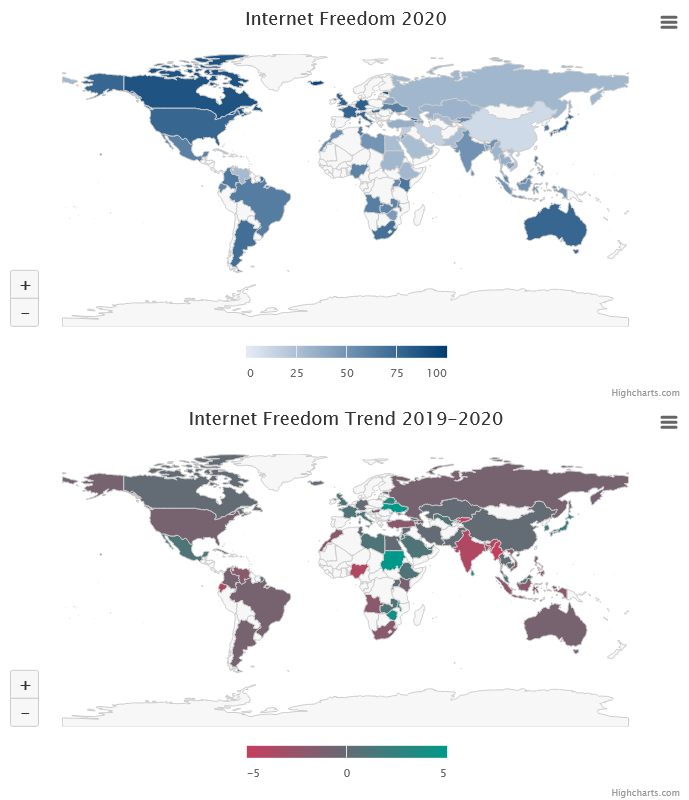 Map showing Internet Freedom and Trend 2019-2020