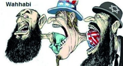 Caricature Supporting IRGC conspiracy, depicting Wahhabism as a product of Judaism and America