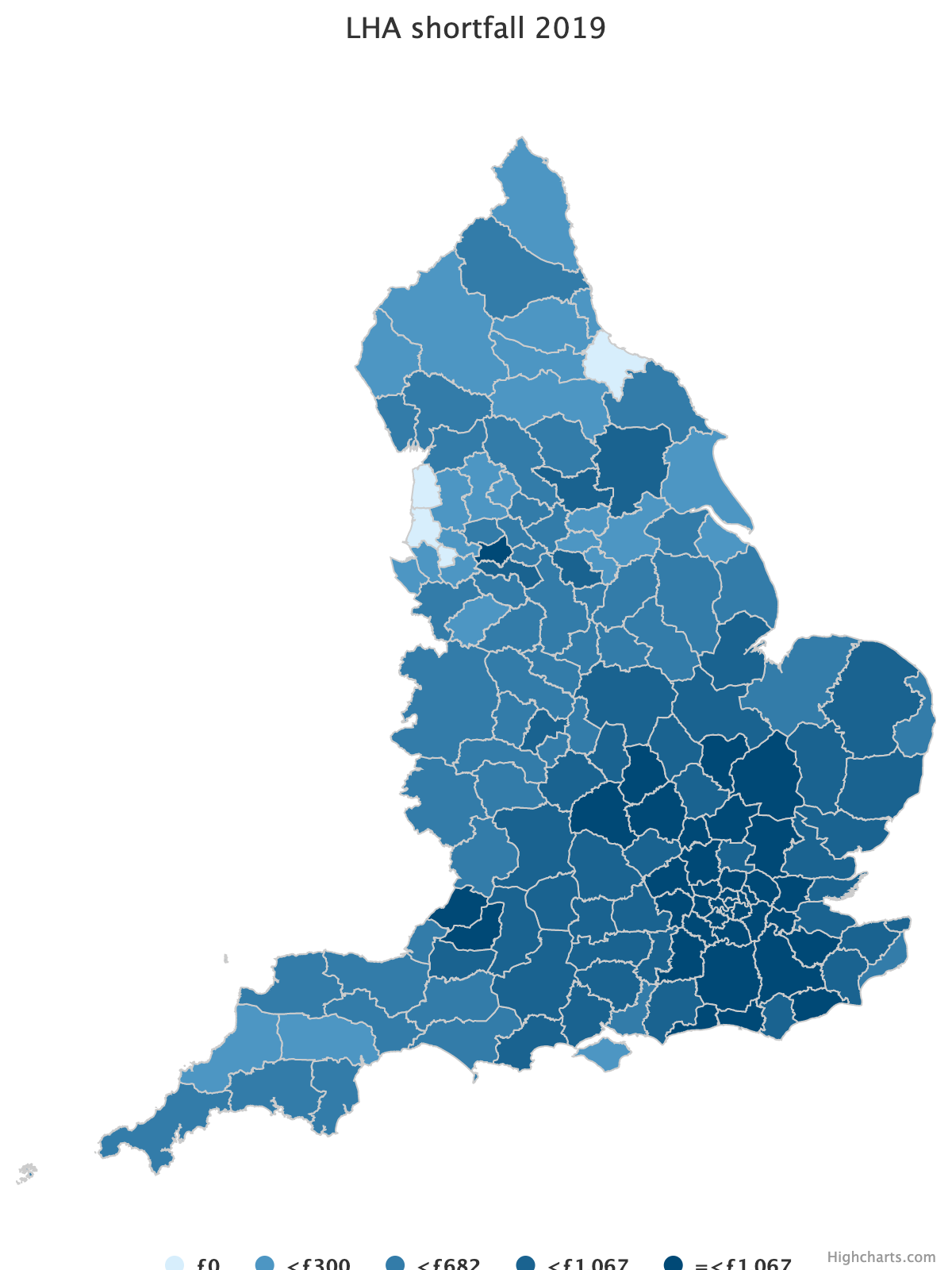 Gap between housing costs and housing benefit for a two-bedroom house, 30th percentile