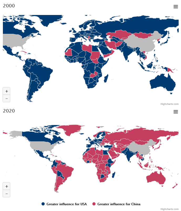 Maps showing greater Chinese influence in 2020 vs 2000
