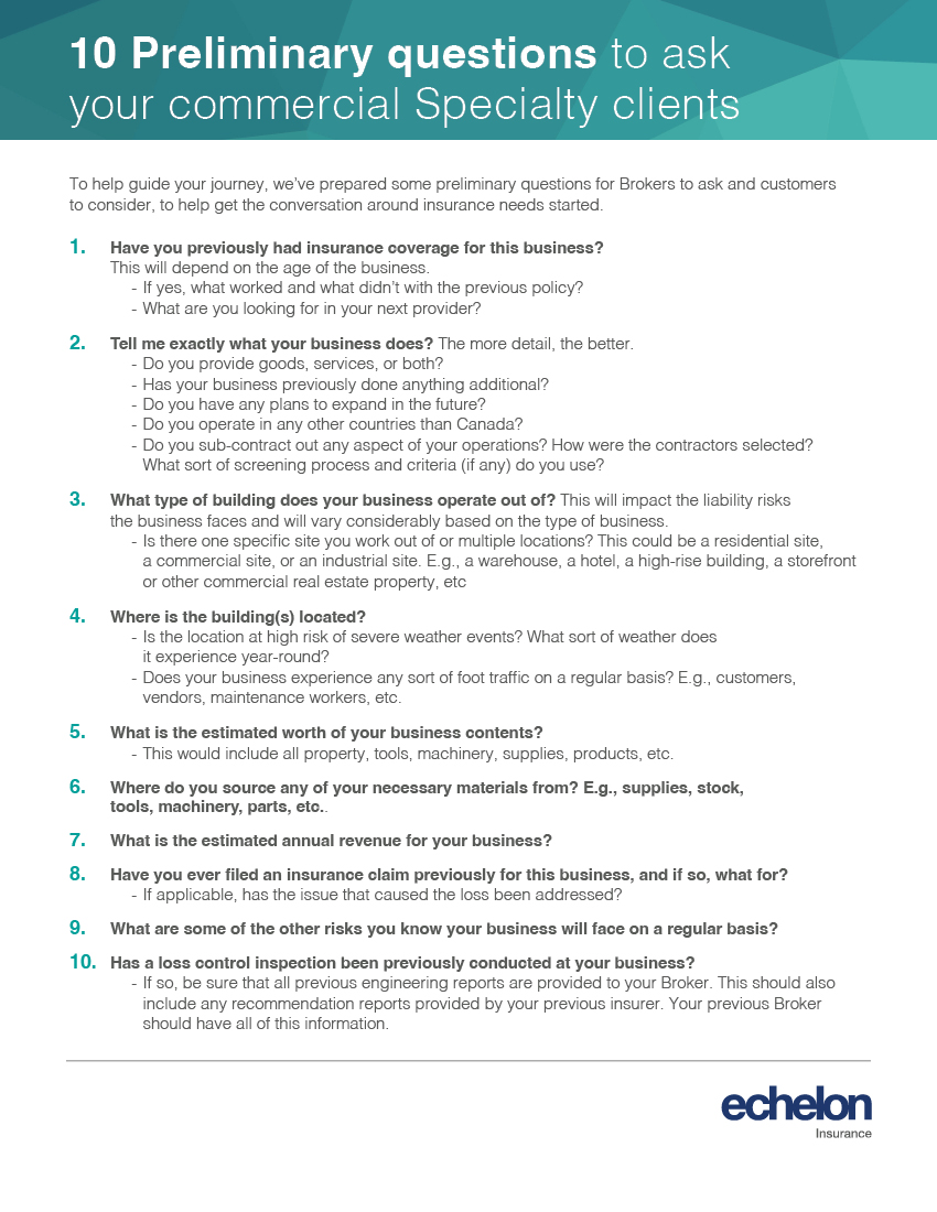 Flyer showing a list of preliminary questions for Brokers to ask their commercial Specialty clients