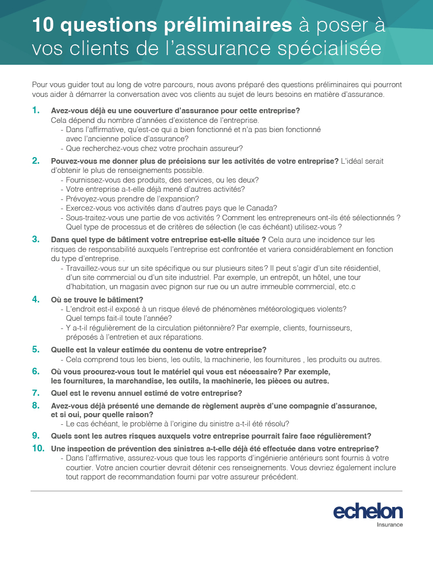 Dépliant présentant une liste de questions préliminaires que les courtiers peuvent poser à leurs clients de la commerciale