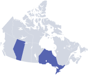 A grey map of Canada emphasizing Alberta and Ontario in blue .
