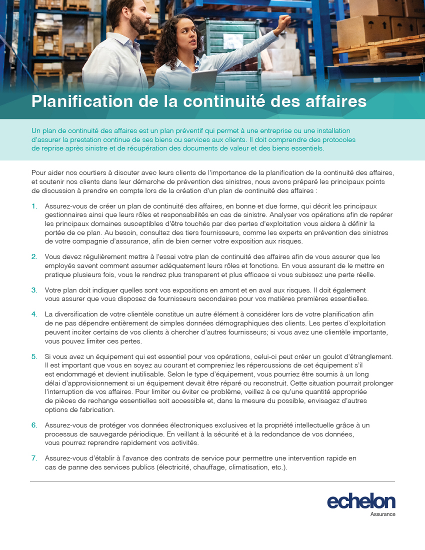 Dépliant décrivant les étapes de l'élaboration d'un plan de continuité des activités