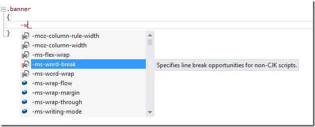 Visual Studio 2012 CSS vendor-specific snippets