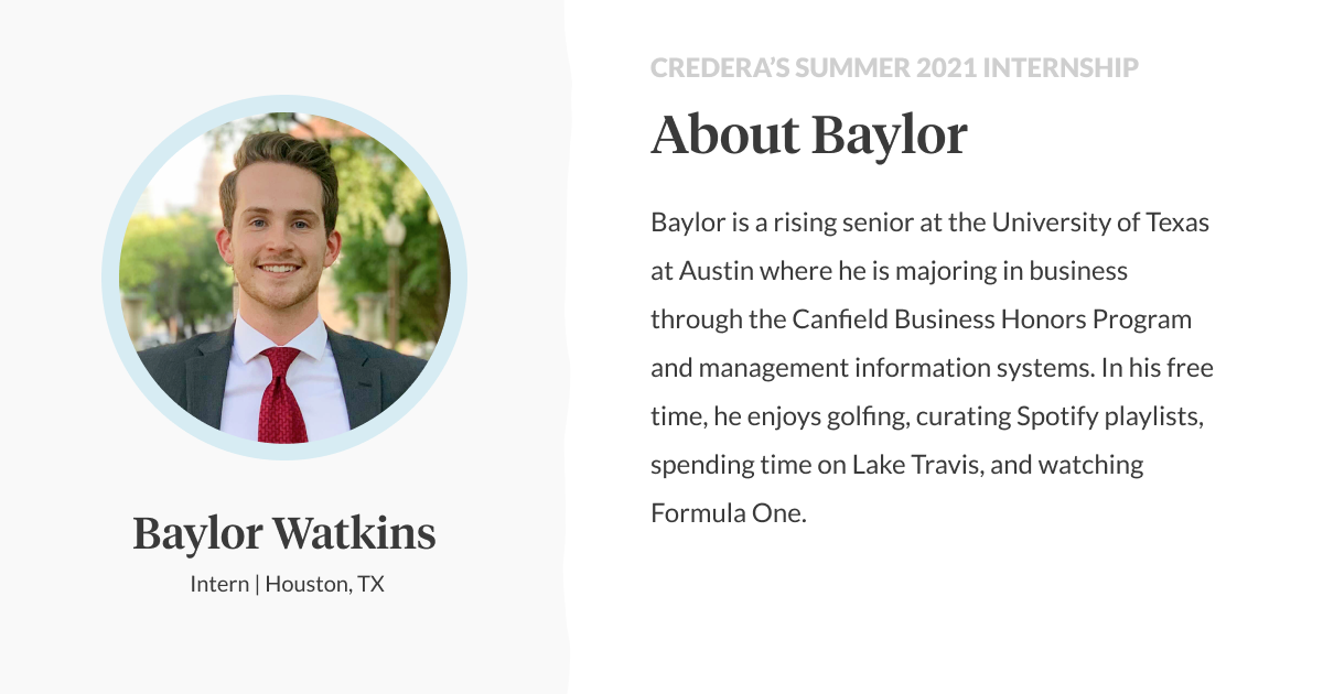 Baylor is a rising senior at the University of Texas at Austin where he is majoring in business through the Canfield Business Honors Program and management information systems. In his free time, he enjoys golfing, curating Spotify playlists, spending time on Lake Travis, and watching Formula One.
