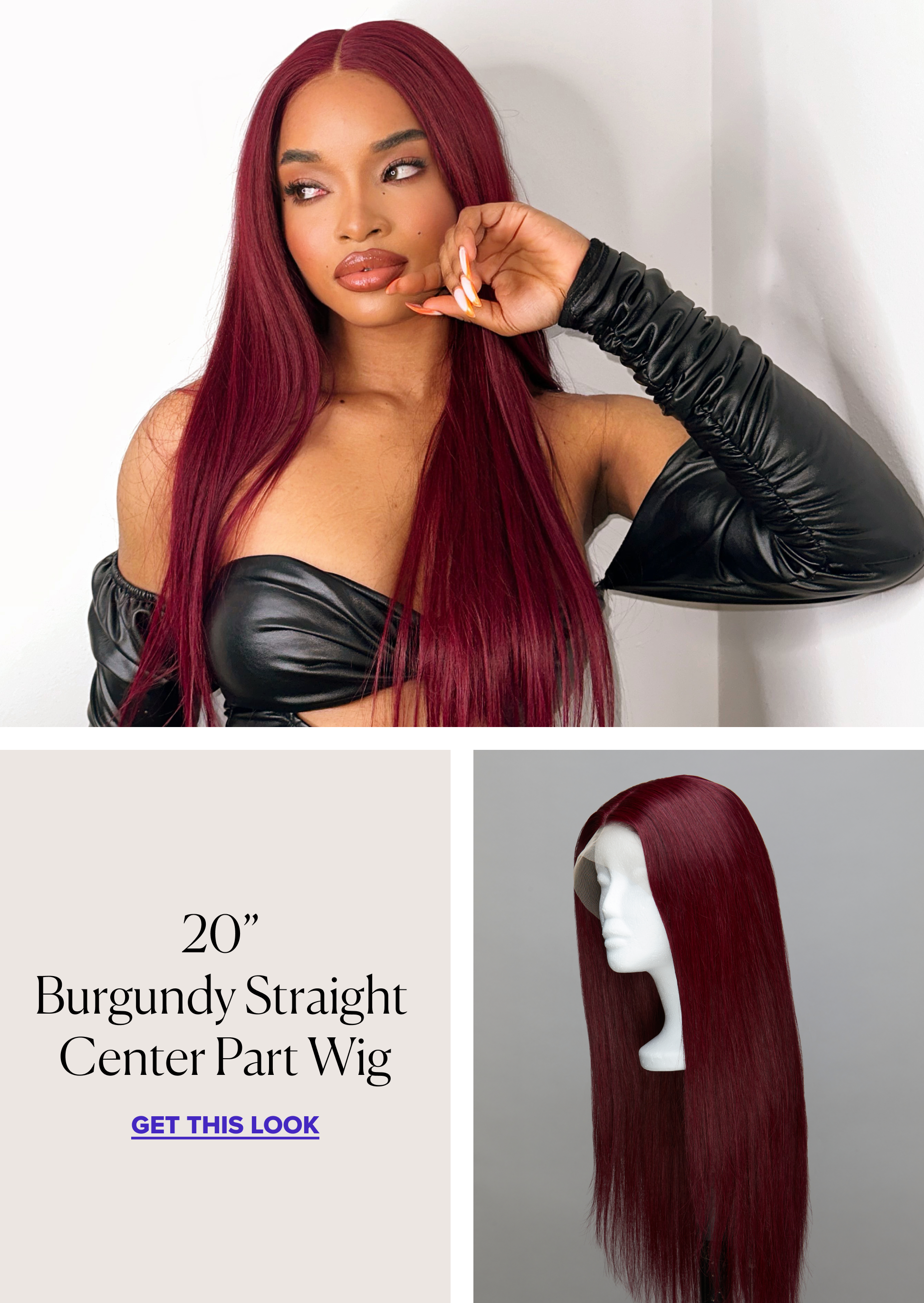 Woman wearing Mayvenn's 20" Burgundy Straight Center Part Wig.