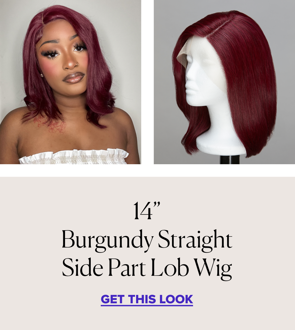 Woman wearing Mayvenn's 14" Burgundy Straight Side Part Lob Wig.