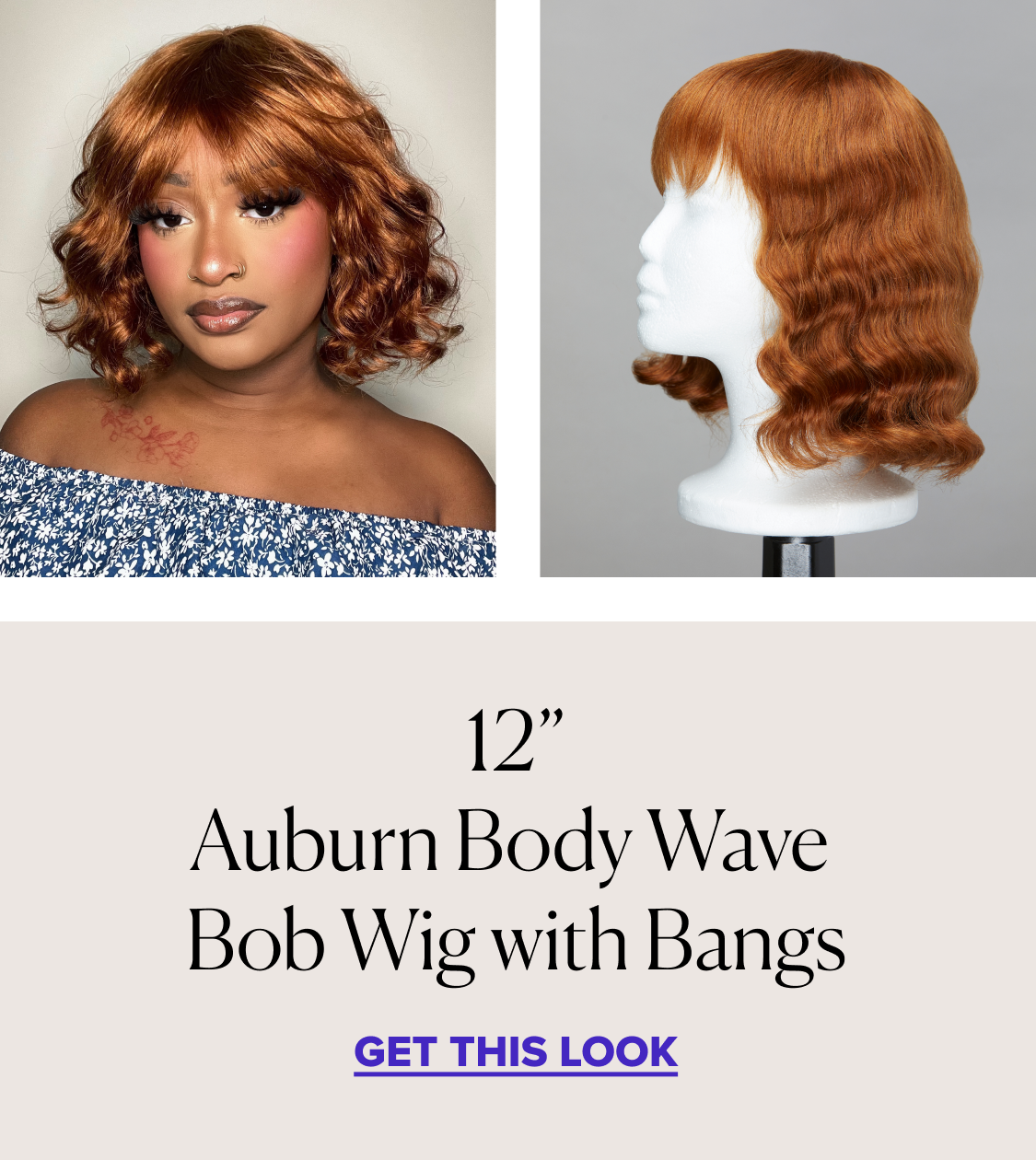 Woman wearing Mayvenn's 12" Auburn Body Wave Bob Wig with Bangs.