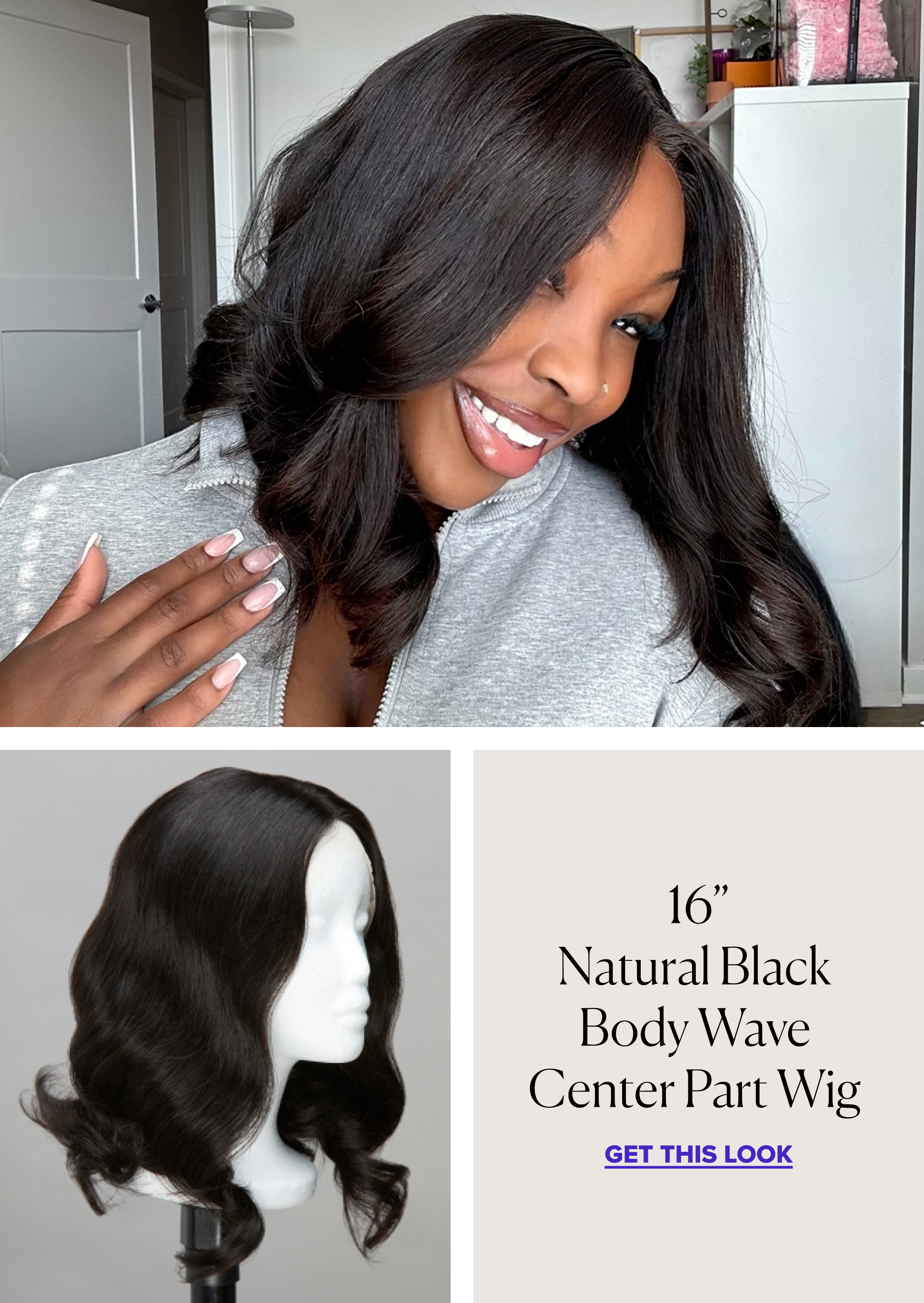 Woman wearing Mayvenn's 16" Natural Black Body Wave Center Part Wig.