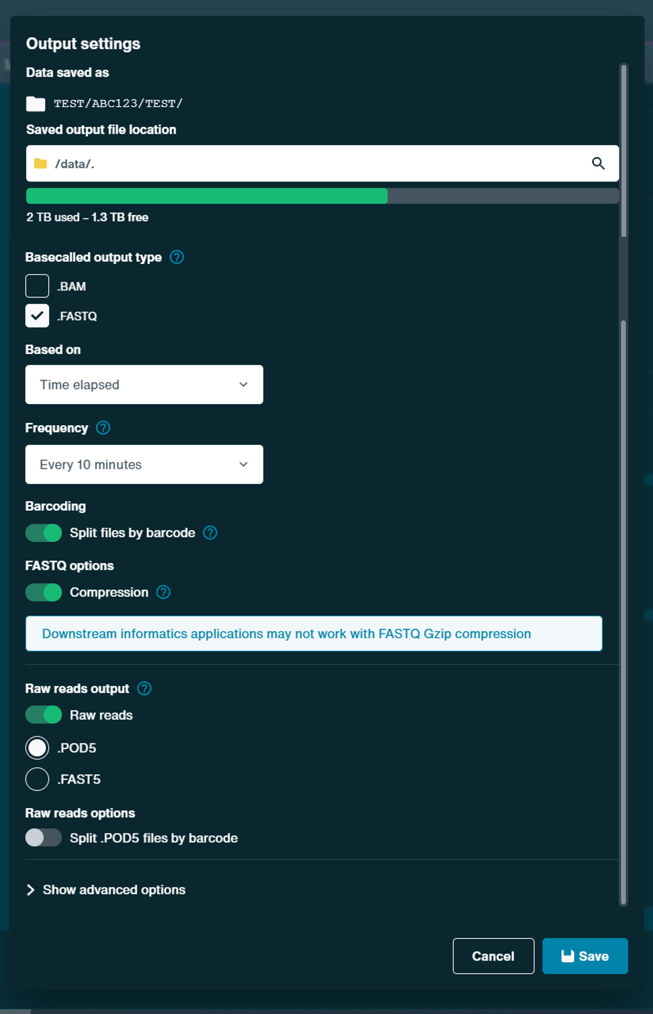 Flongle setup 11 Output settings