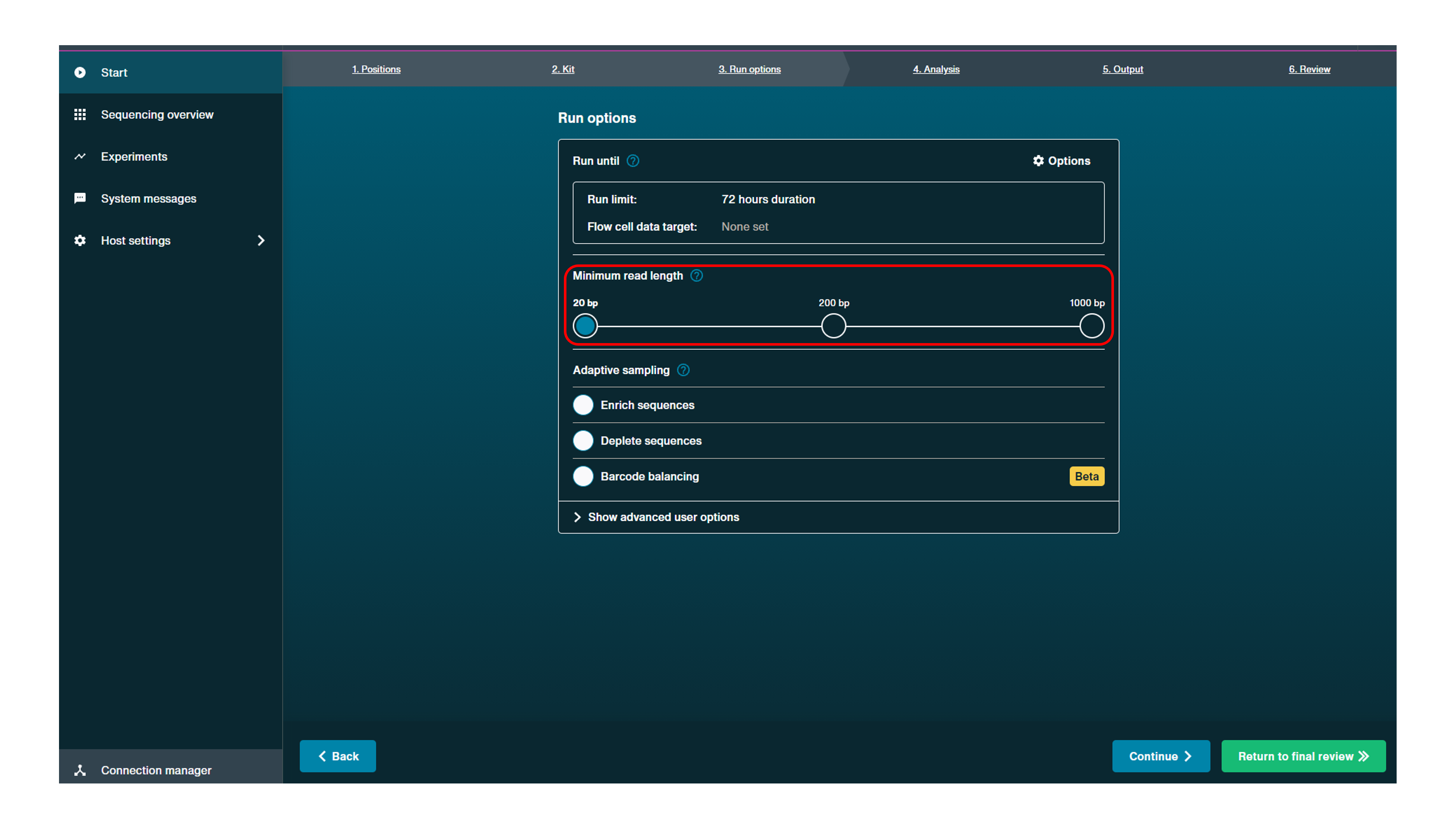 Set the run options to a 72 hour run length and 20 bp minimum read length cfDNA multiplex