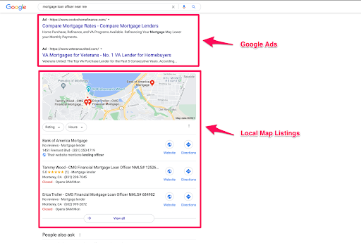 Google ads, local map listings