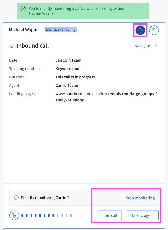 Silent Call Monitoring - icon highlighted screenshot