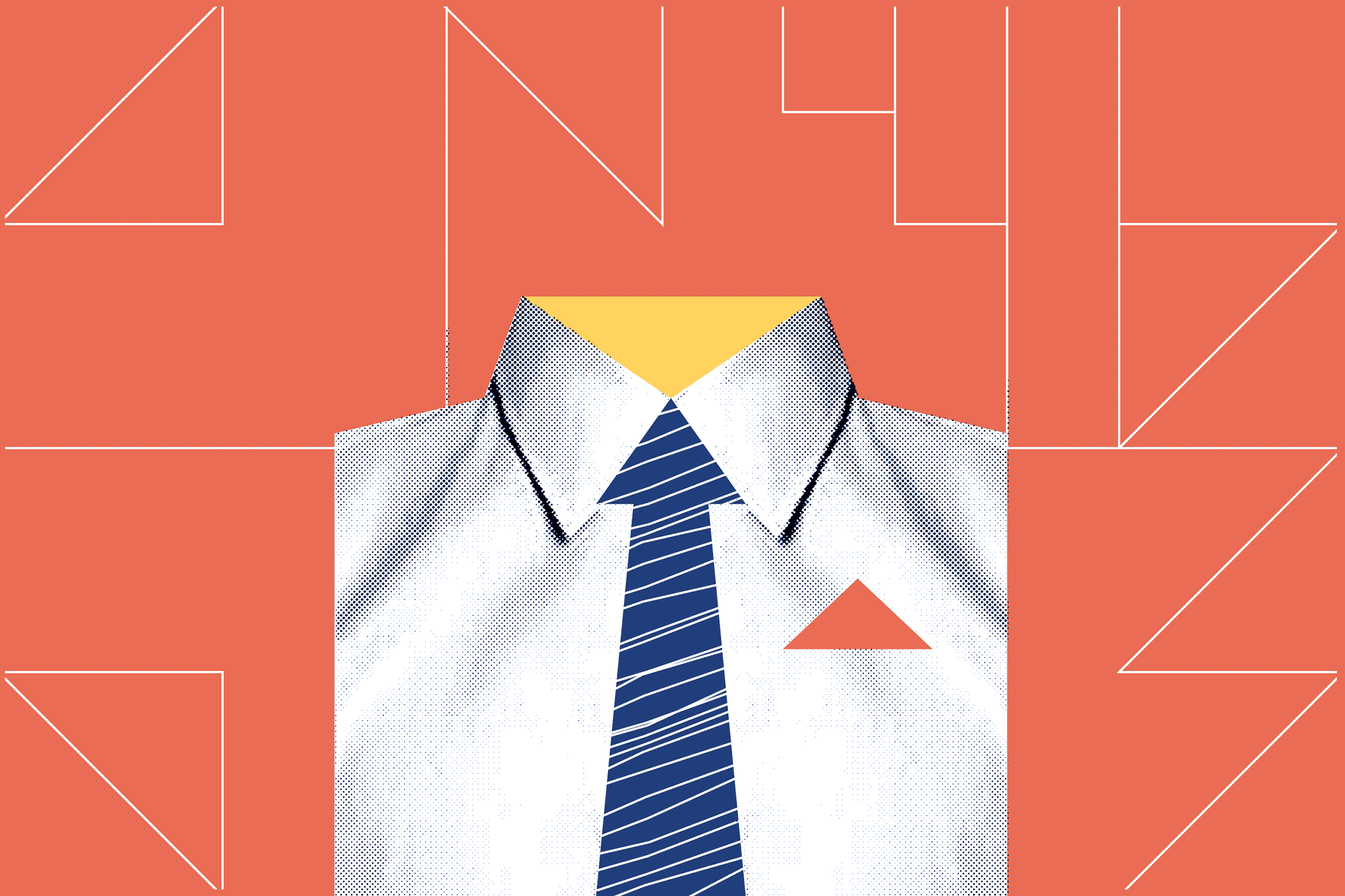 Illustrated white collared shirt with blue tie and red pocket square.