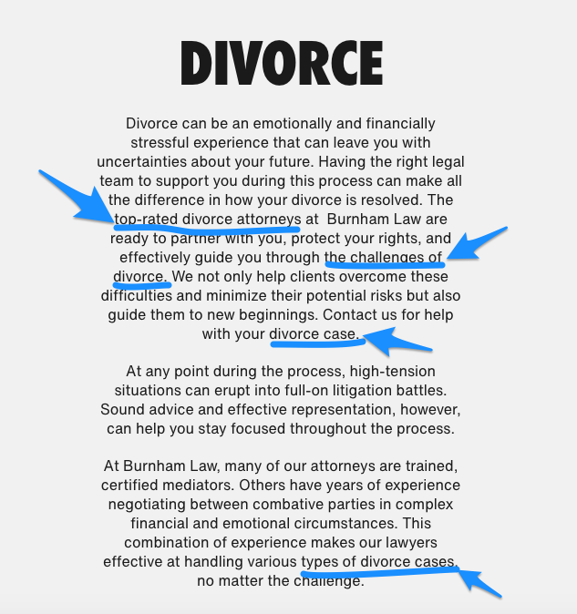 Example of keyword rich copy for divorce law firm