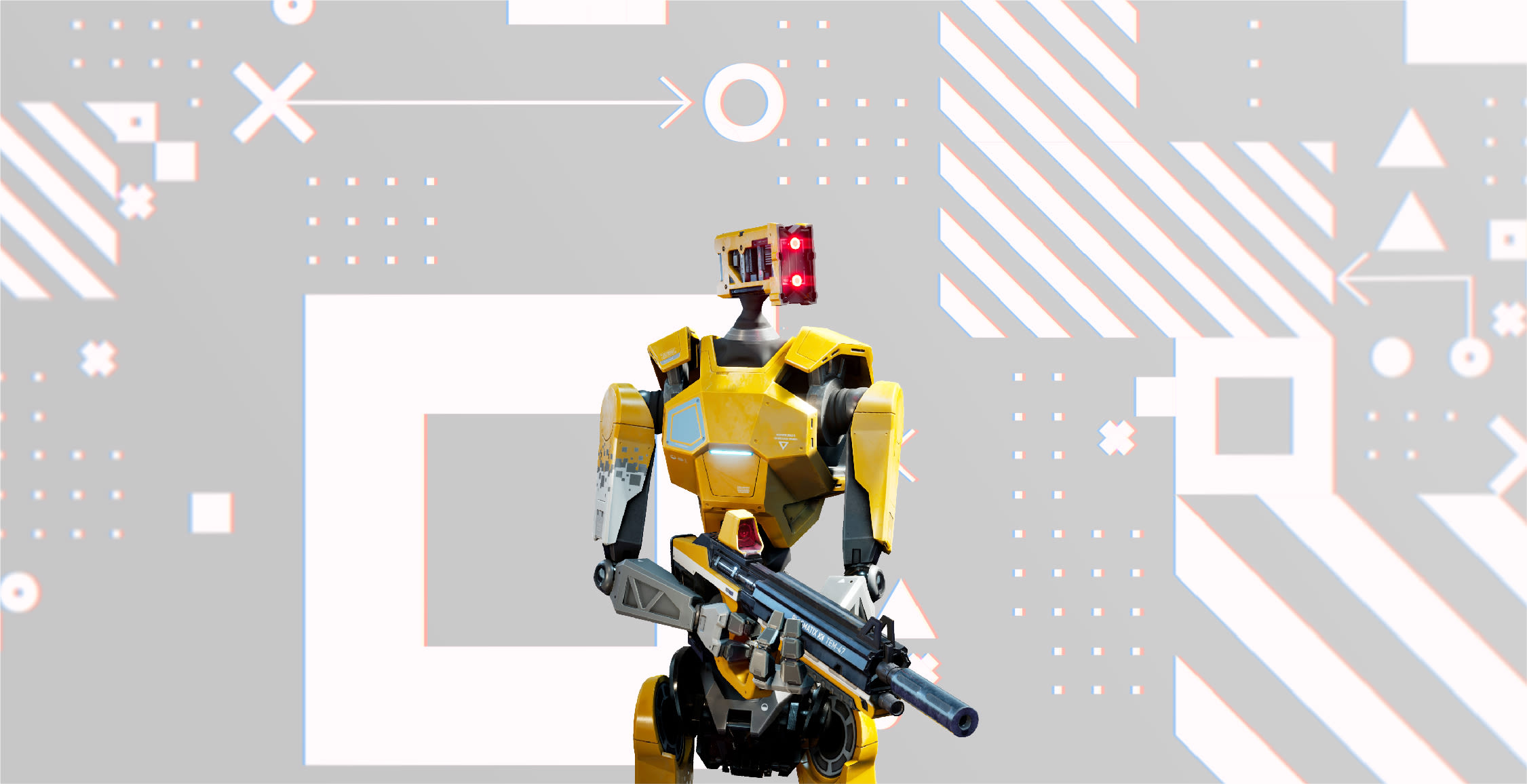 robot on light background with abstract shapes around