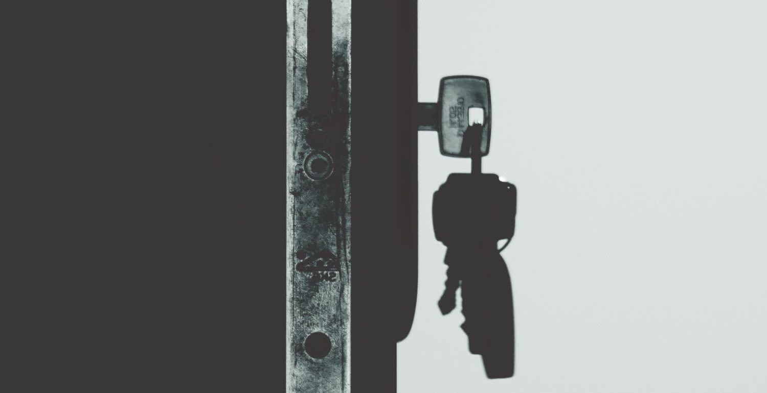 Keys in door, black and white