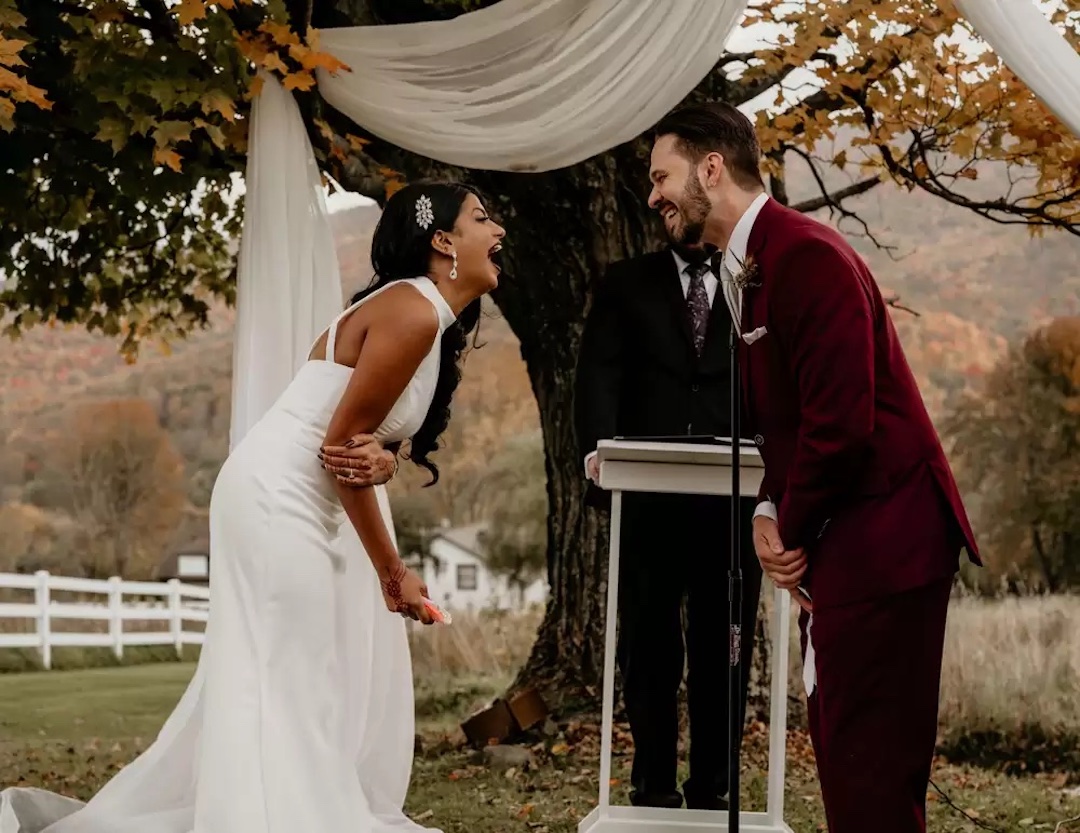 Outdoor Fall Wedding Bride and Groom Lauughing