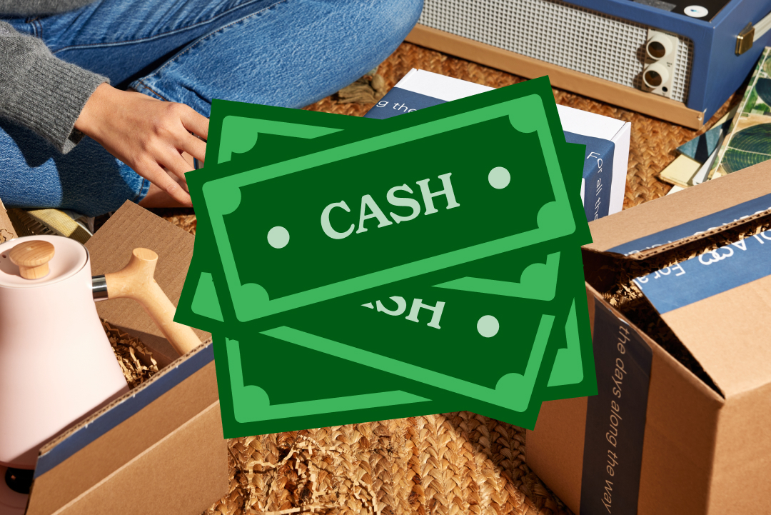 Person in jeans handling packages with green cash icon overlay, surrounded by boxes and a vintage record player.