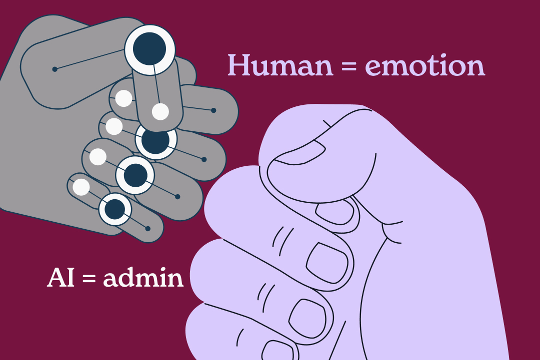 Illustrated robotic hand and human hand reaching toward each other on burgundy background with "AI = admin" and "Human = emotion" text.
