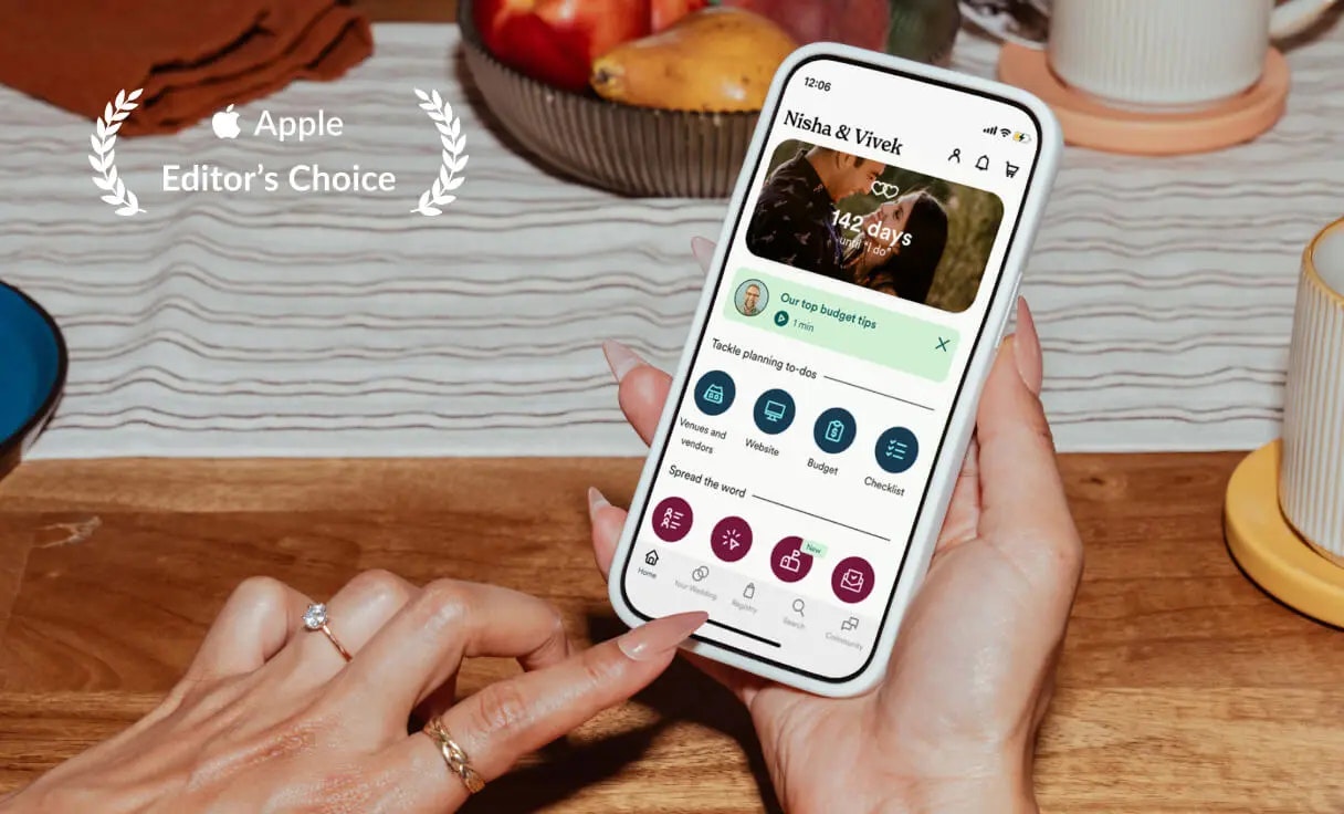 Hands using wedding planning app on iPhone, showing budget tips and countdown, with Apple Editor's Choice badge.