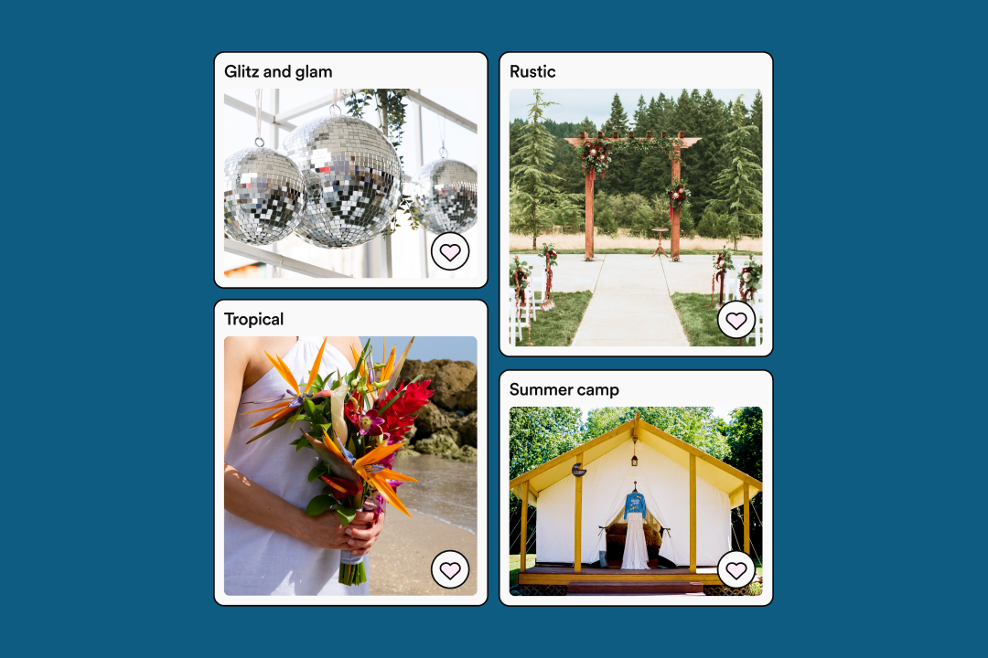Grid of different wedding styles - glitz and glam, tropical, rustic, summer camp.