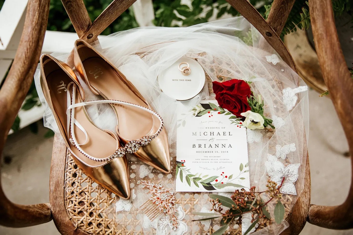 Wedding flatlay with invitation