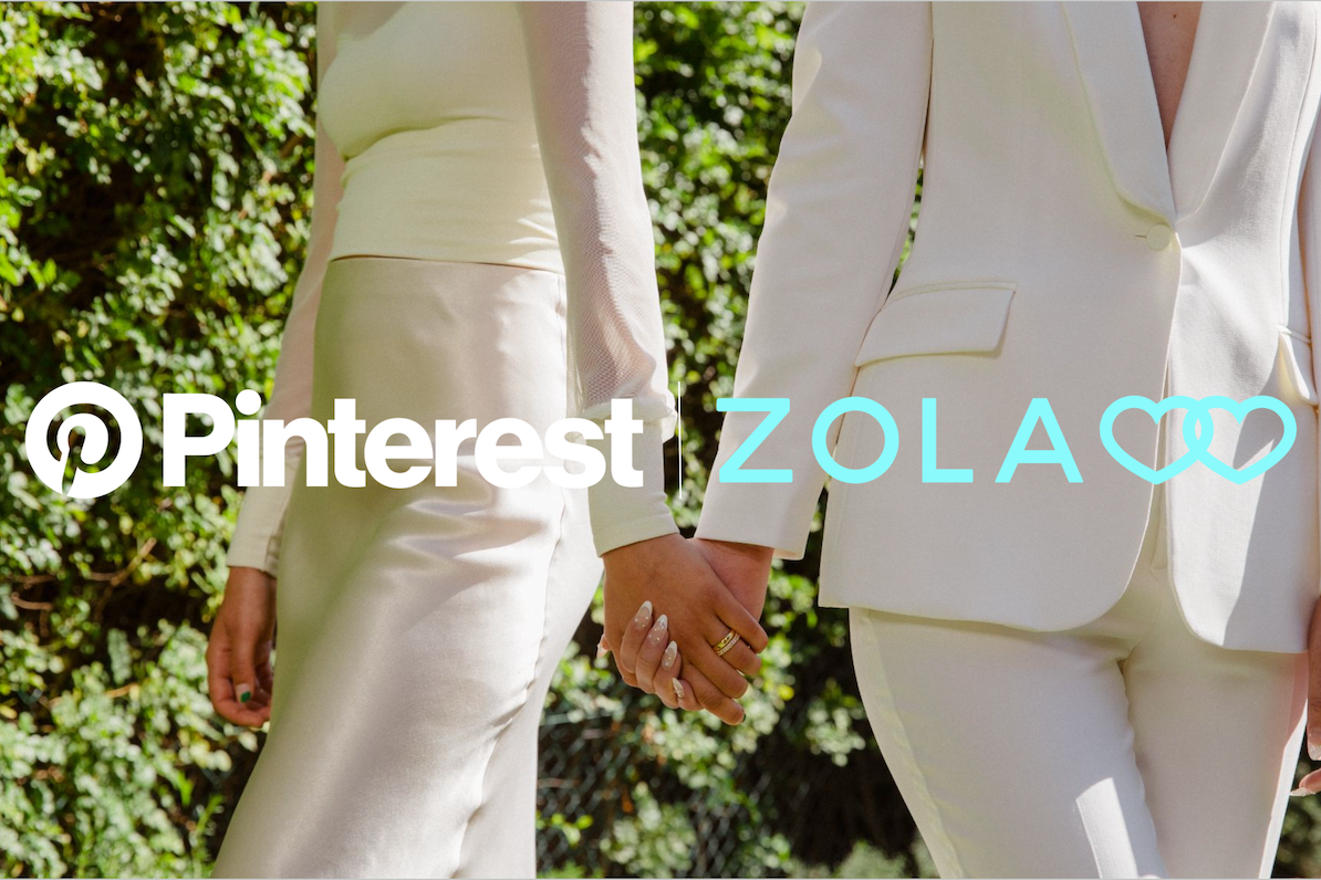 couple holding hands with zola and pinterest logos mocked up