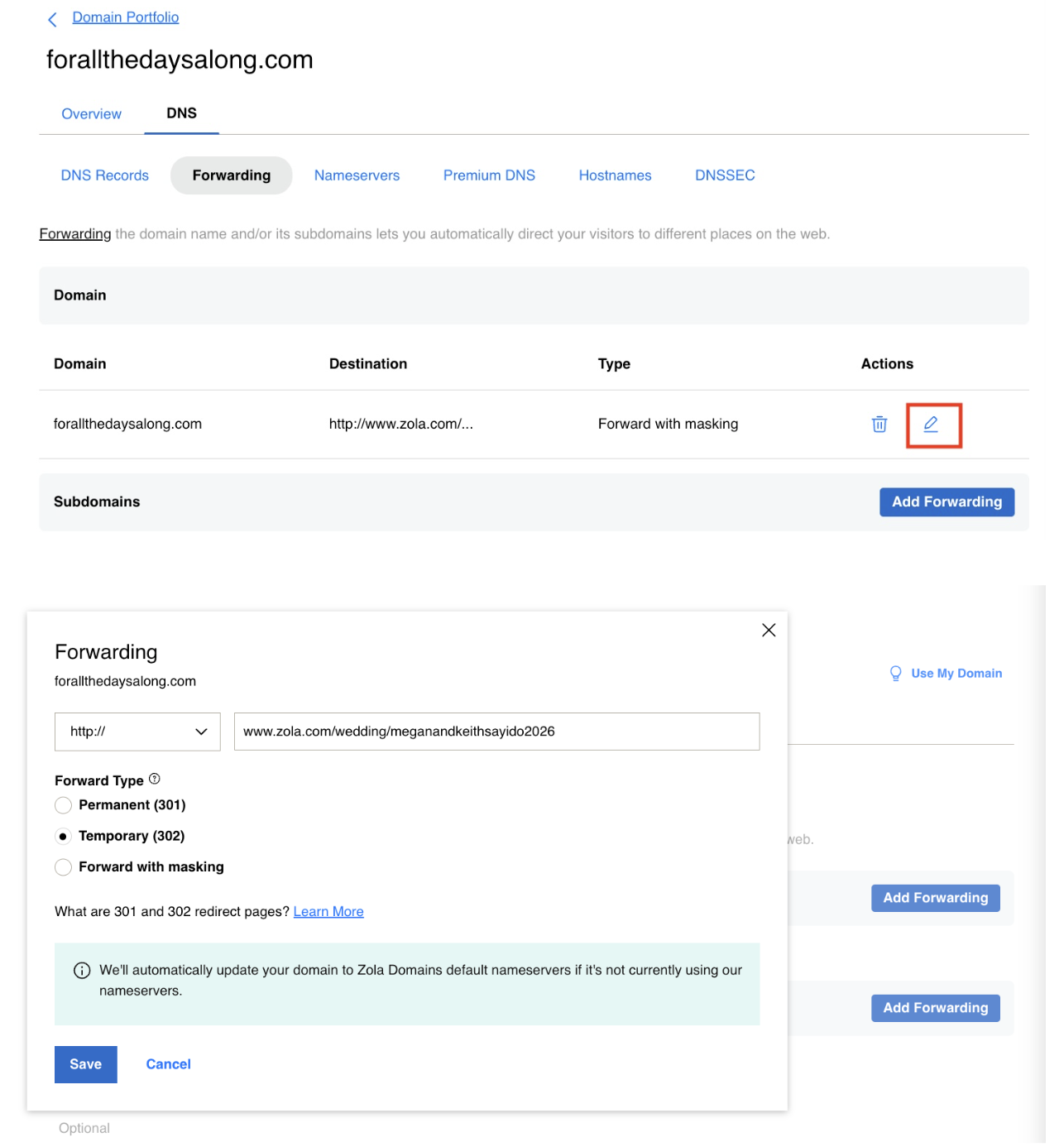 I accidentally purchased a domain with domain masking, help! Zola