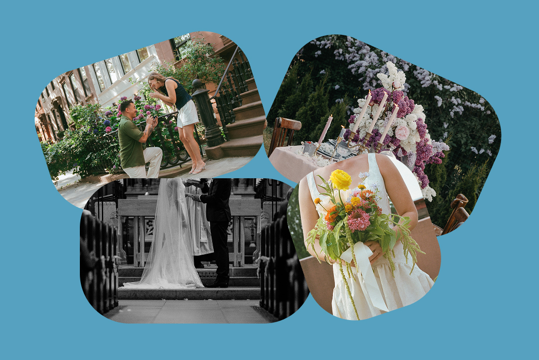 Collage of wedding moments: a proposal, floral table setting, ceremony at altar, and colorful bridal bouquet on blue background.