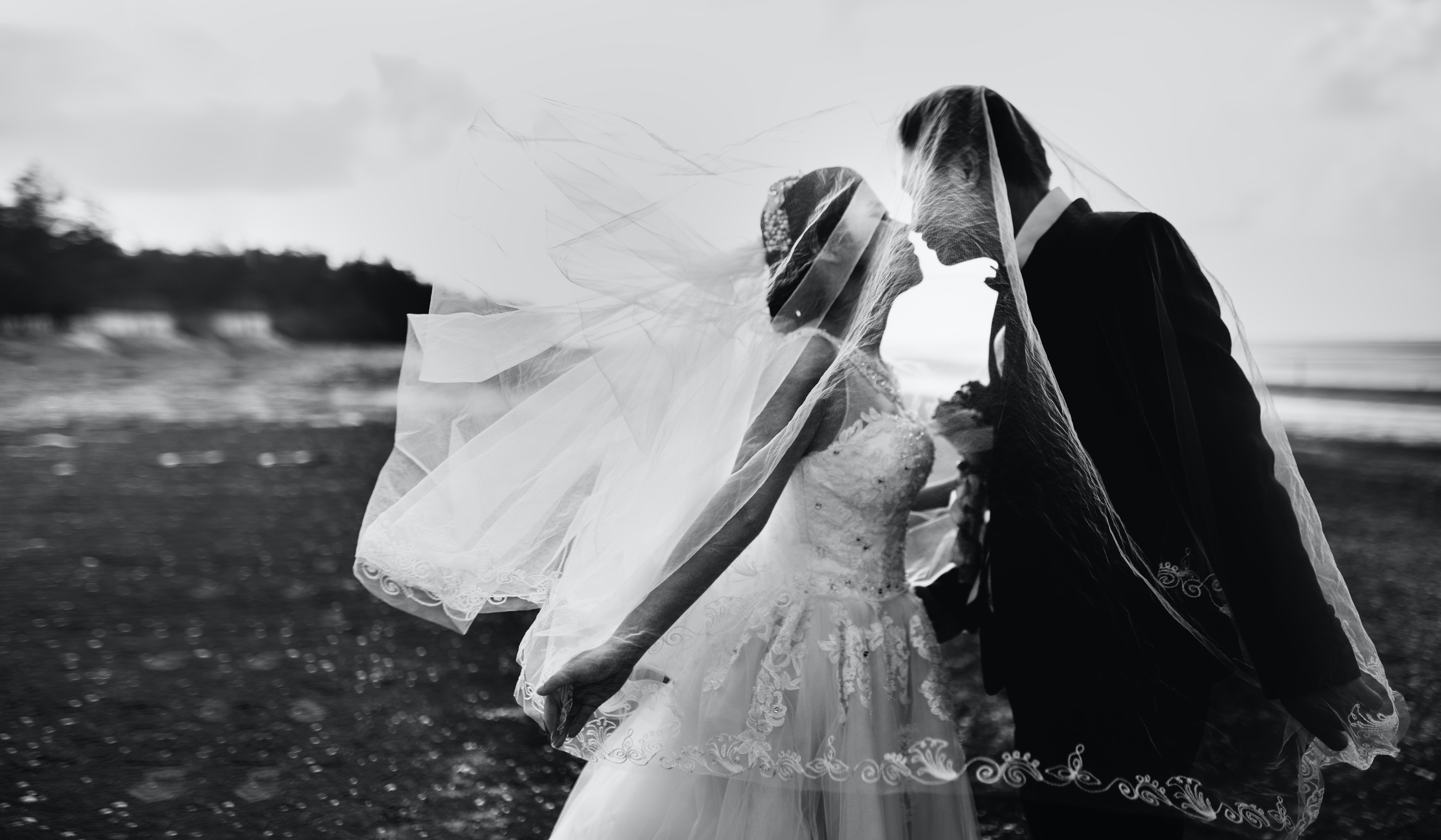 bride and groom under veil