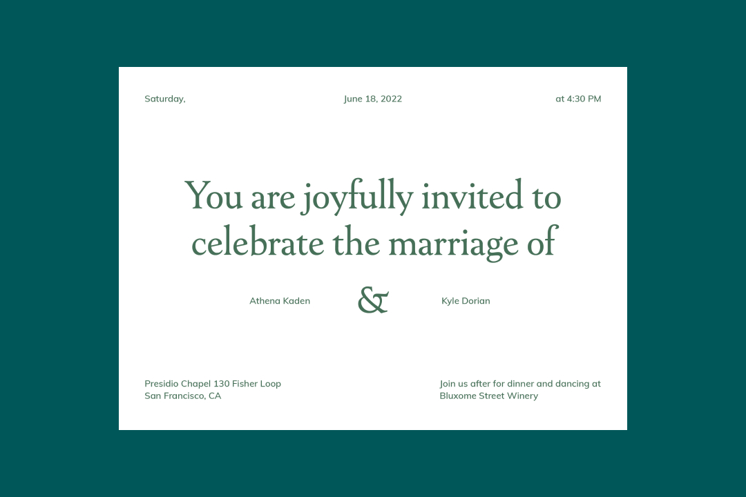 green and white wedding invitation on green background