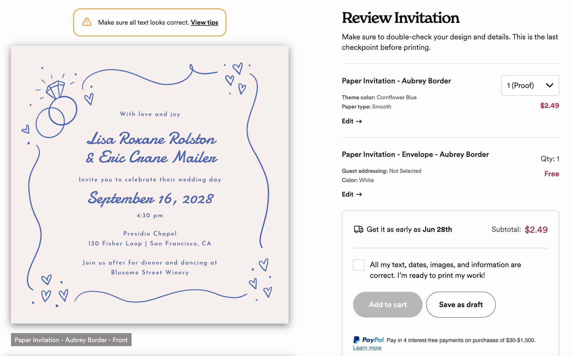 Wedding Invitation Proof Sample