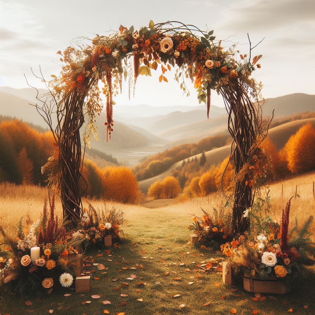 Autumn foliage wedding arch
