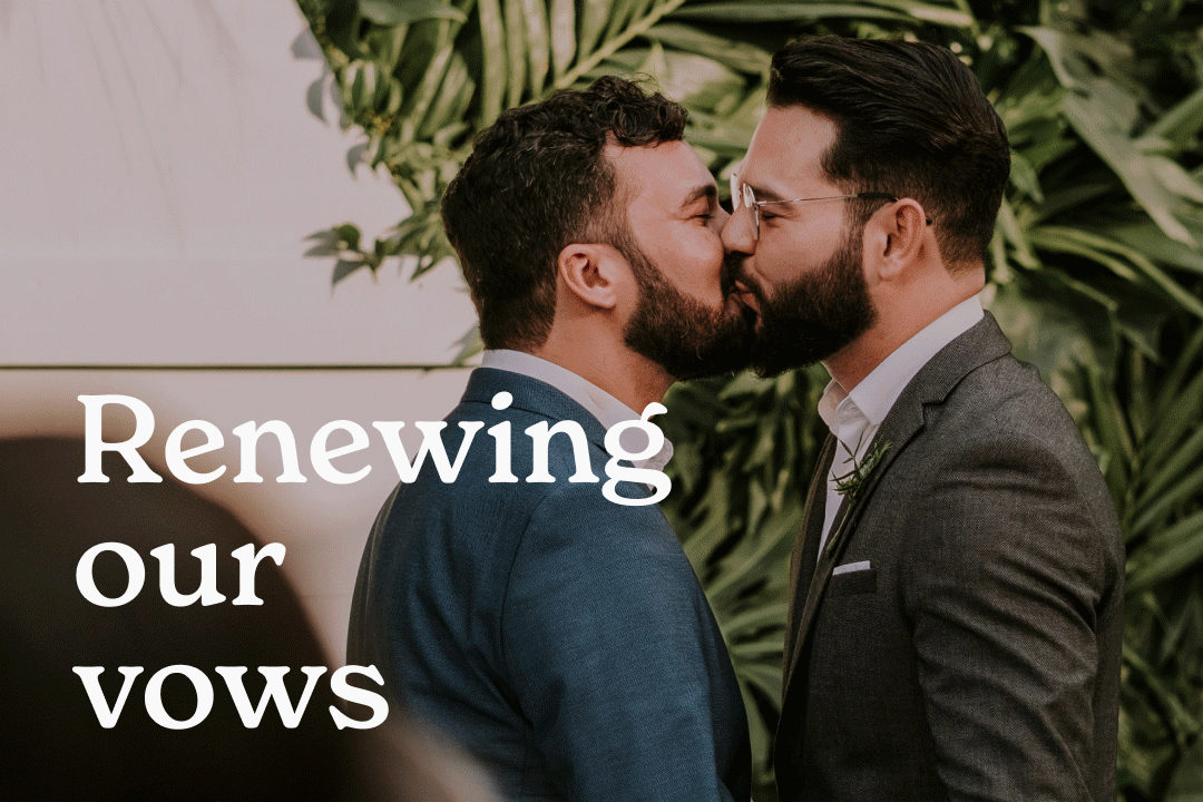 Rotating gif of couples' wedding photos that reads "renewing our vows"