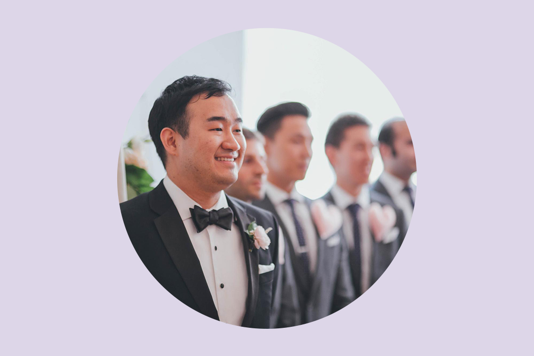 groom and groomsmen in light grey suits