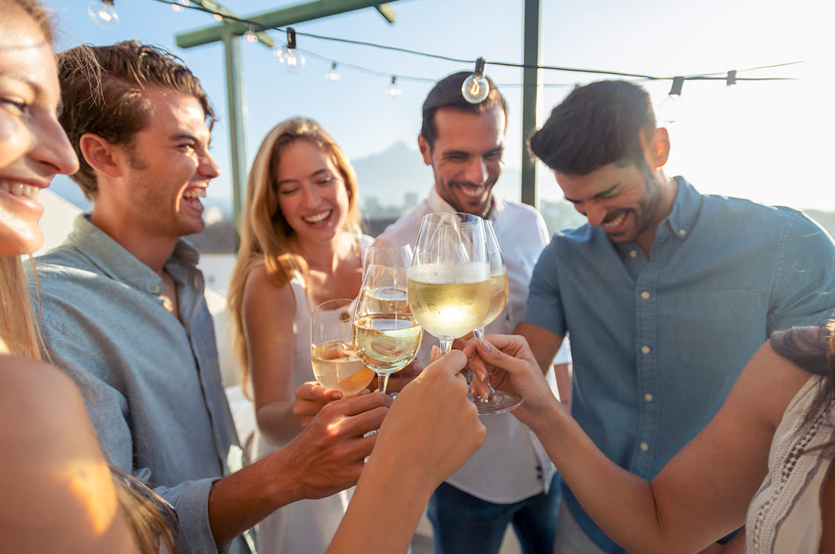group of friends clinking wine glasses