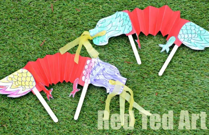 Red Ted Art Lunar New Year Chinese Dragon Puppets