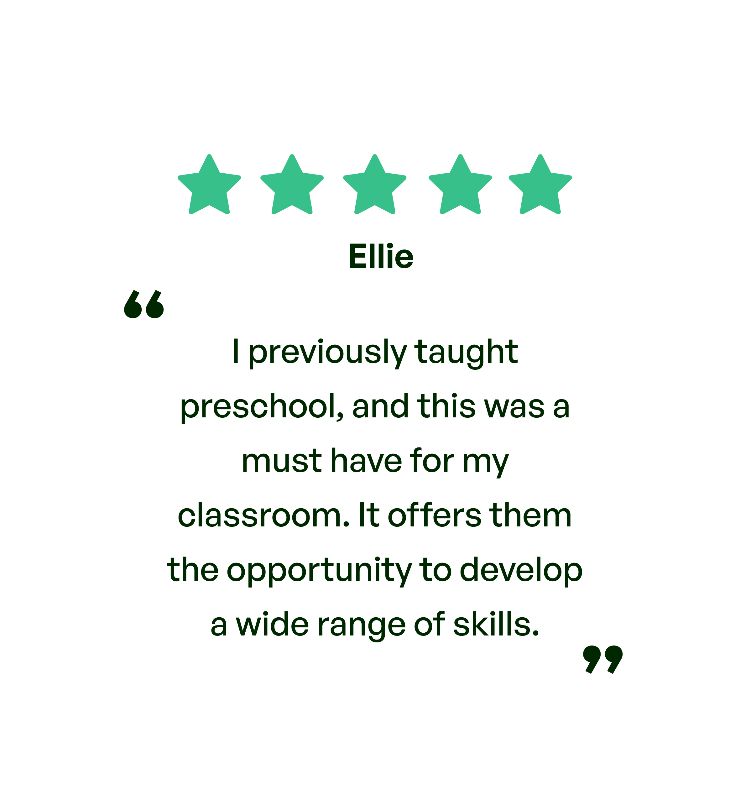 Five stars. Testimonial: I previously taught preschool and this was a must have for my classroom. It offers them the opportunity to develop a wide range of skills. From Ellie