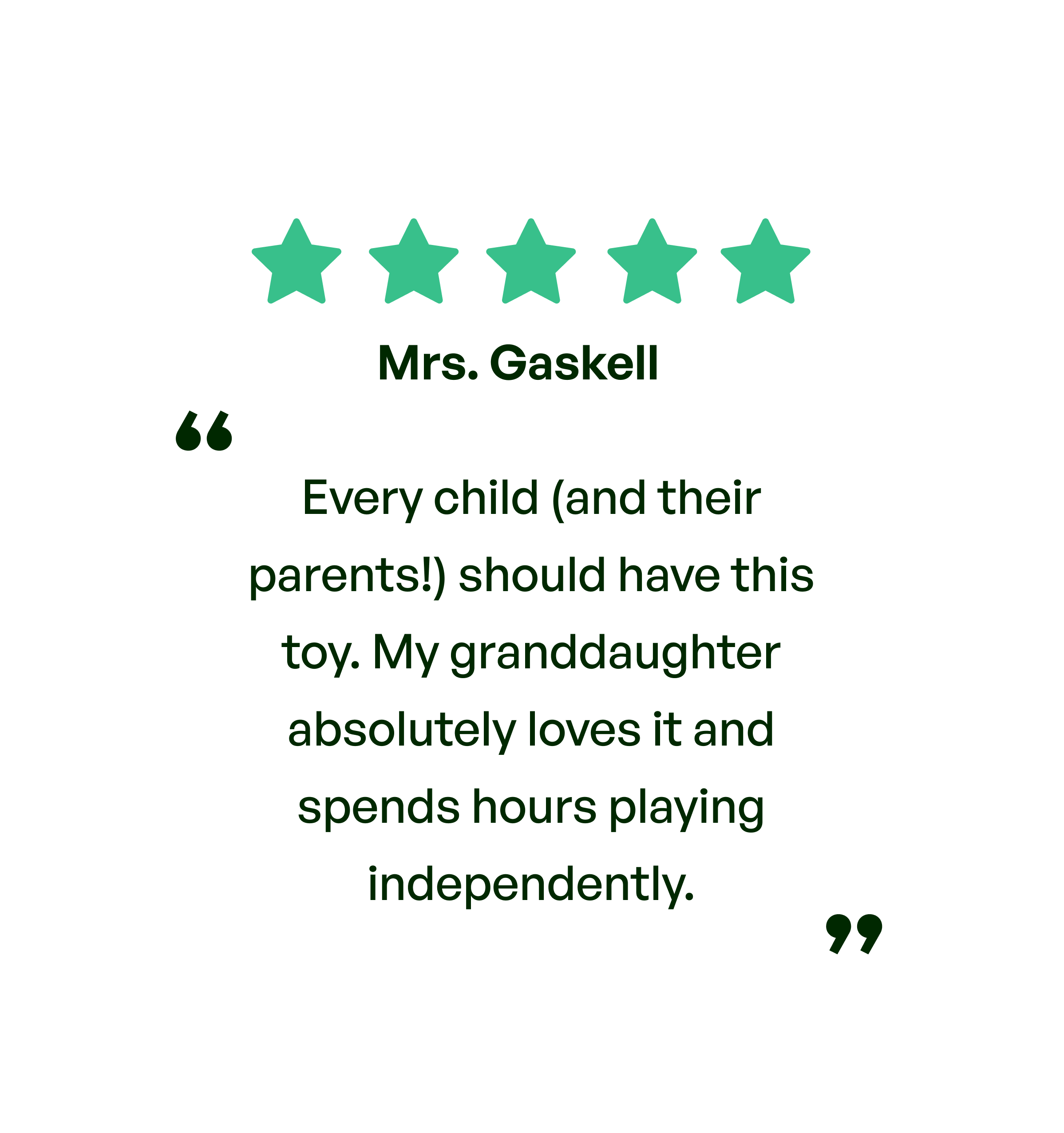 Five stars. Testimonial: Every child (and their parents!) should have these toys. My granddaughter absolutely loves it and spends hours playing independently. From Mrs. Gaskell