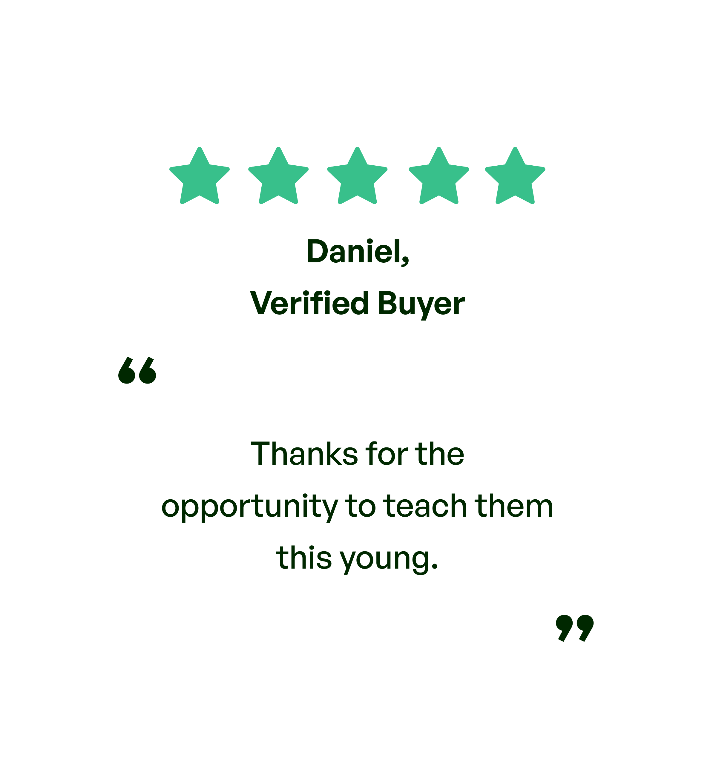Five stars. Testimonial: Thanks for the opportunity to teach them this young.
