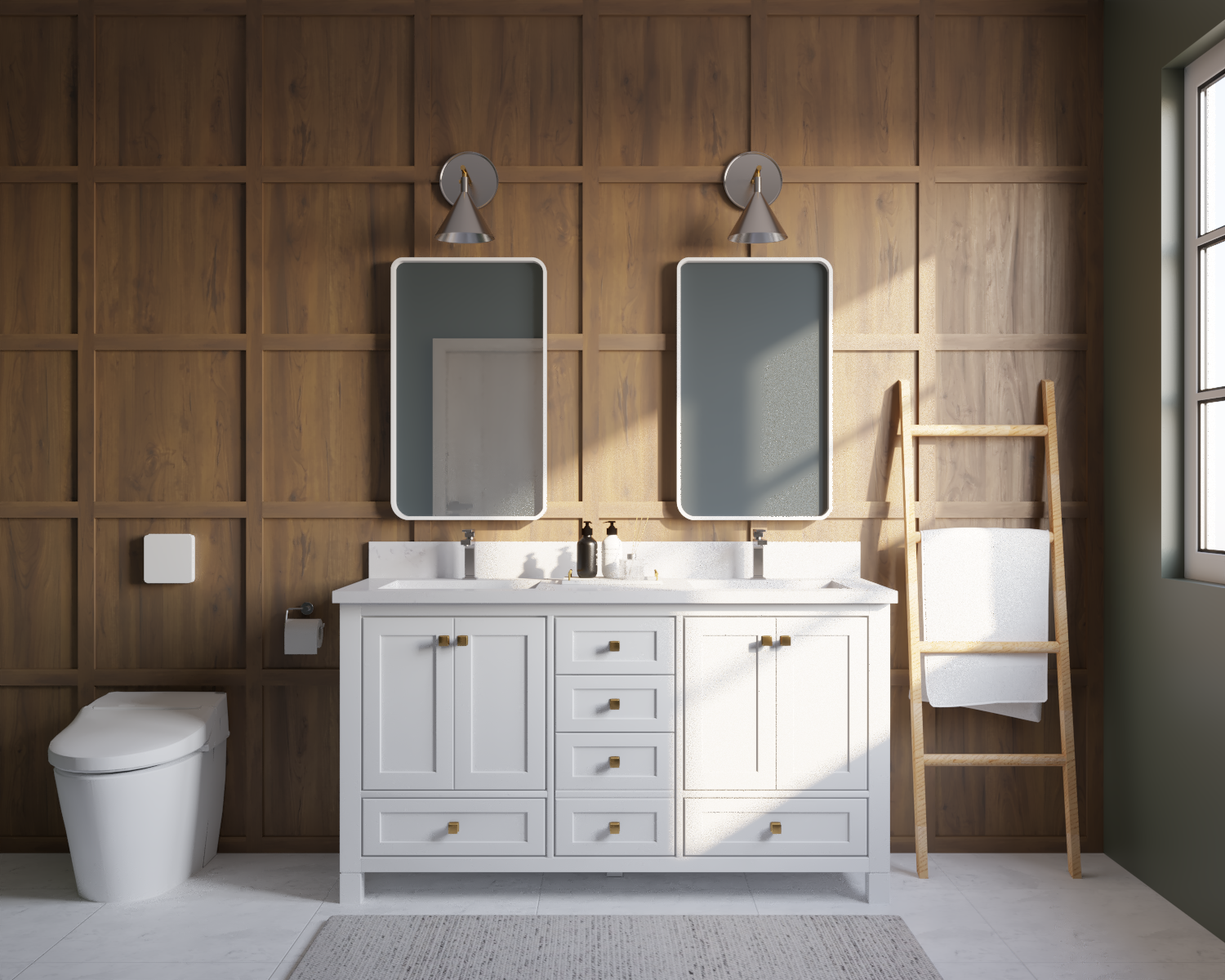 Fabuwood Lavari vanity in Frost shown in an elegant finished bathroom