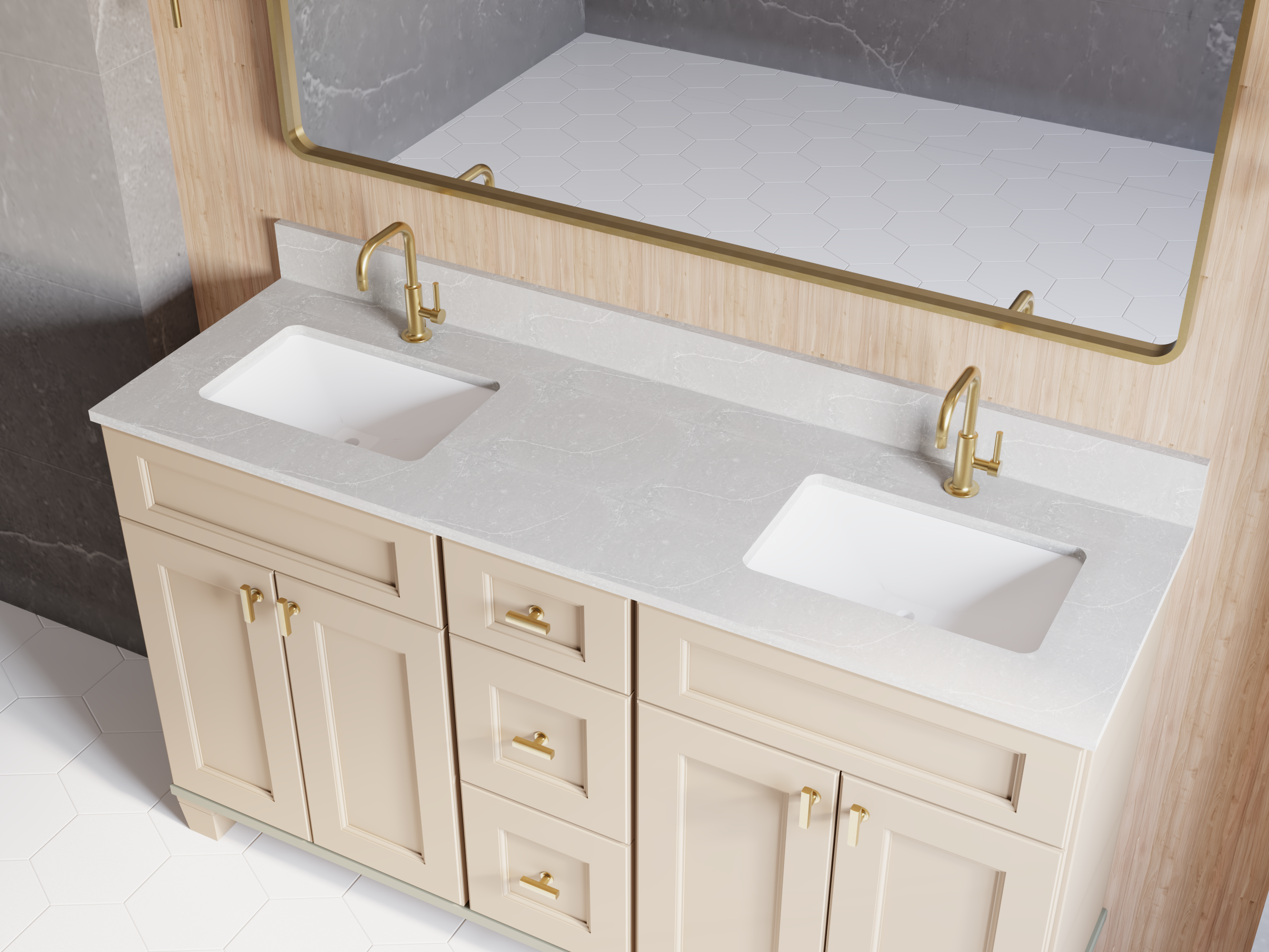 Fabuwood furniture-style bathroom vanity shown with coordinated light countertop and warm finishes