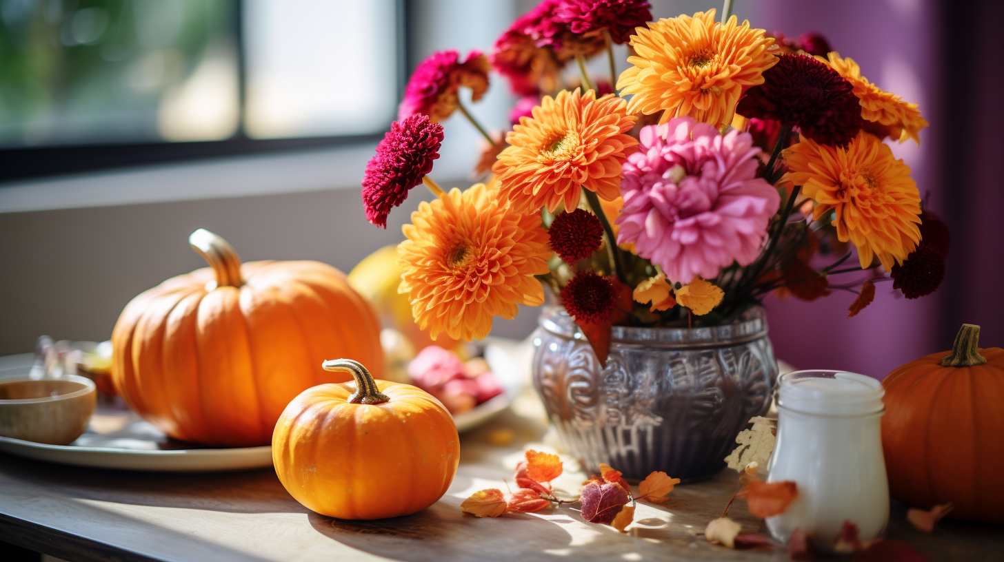 A photograph of a kitchen table with various DIY fall decorations, including handcrafted pumpkins made from upcycled materials and a carved pumpkin vase with fresh flowers. The setting is creative and colorful, with a focus on handcrafted elements.