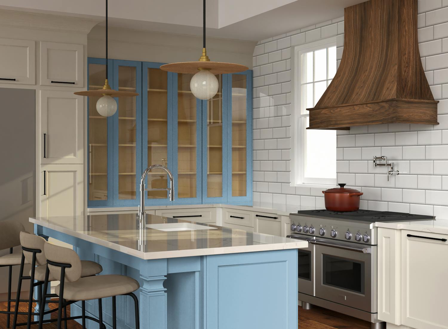 Blue Kitchen island contrasted with white tiles and counter