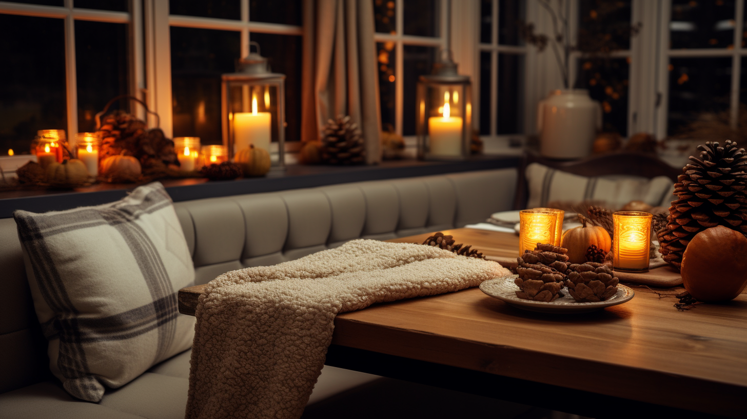 A photograph of a kitchen with island seating, adorned with textured chair cushions and a small throw blanket. The table is set with a charming tablescape, featuring pinecones, acorns, and miniature pumpkins. Warm, ambient lighting creates a cozy atmosphere. 