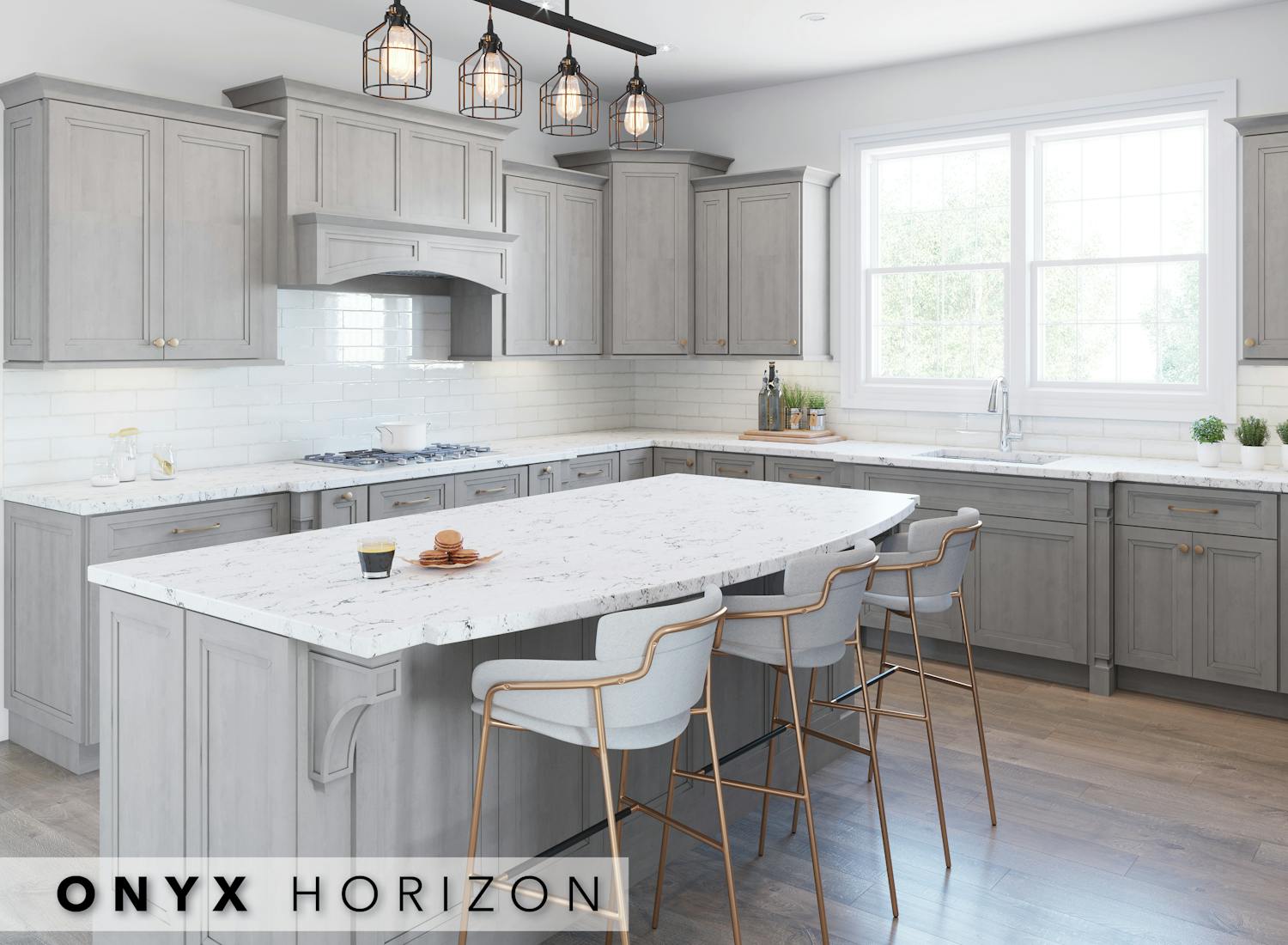 Curved kitchen island gray and white